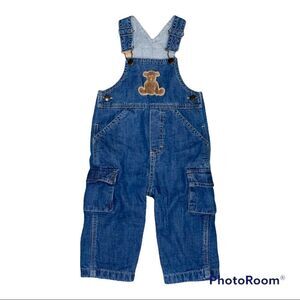 𝅺heartstrings Size 12 M Denim Overalls with Appliquéd Fleece Bear on Bib.